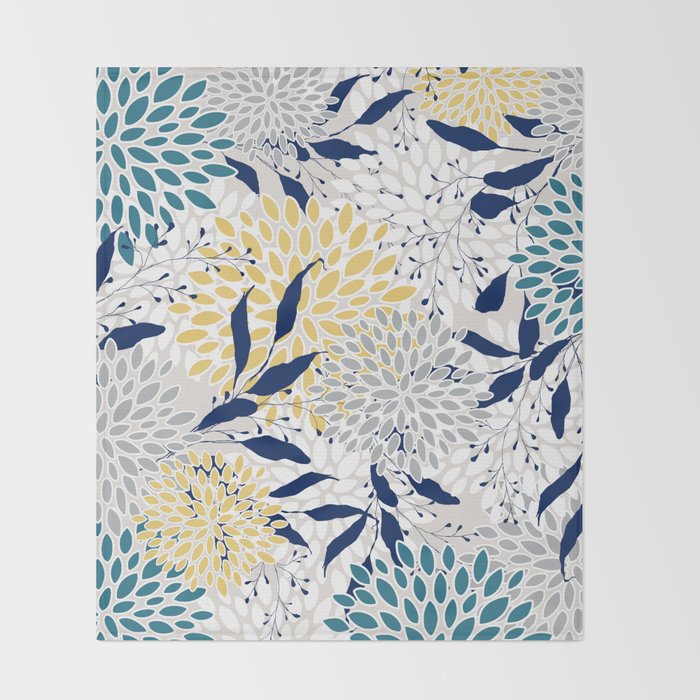 Floral Leaves and Blooms, Yellow, Gray, Teal, Navy Throw Blanket Gallery Image 2