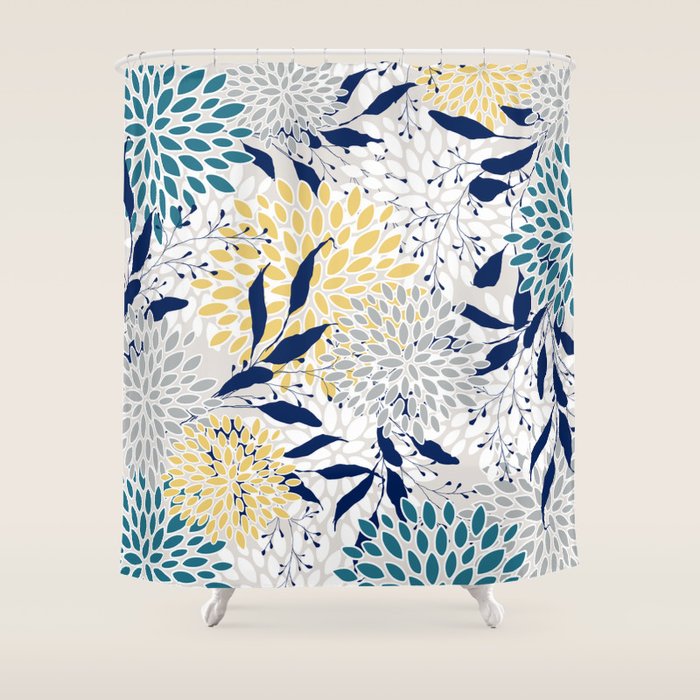 Floral Leaves and Blooms, Yellow, Gray, Teal, Navy Shower Curtain Gallery Image 1