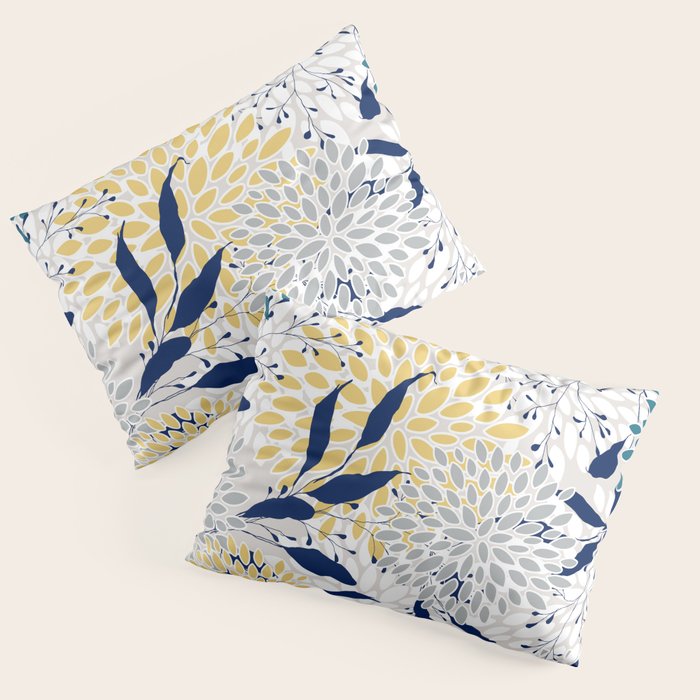 Floral Leaves and Blooms, Yellow, Gray, Teal, Navy Pillow Sham Gallery Image 3