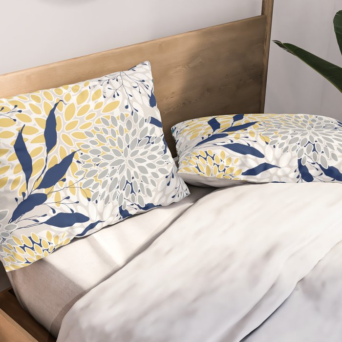 Floral Leaves and Blooms, Yellow, Gray, Teal, Navy Pillow Sham Gallery Image 2