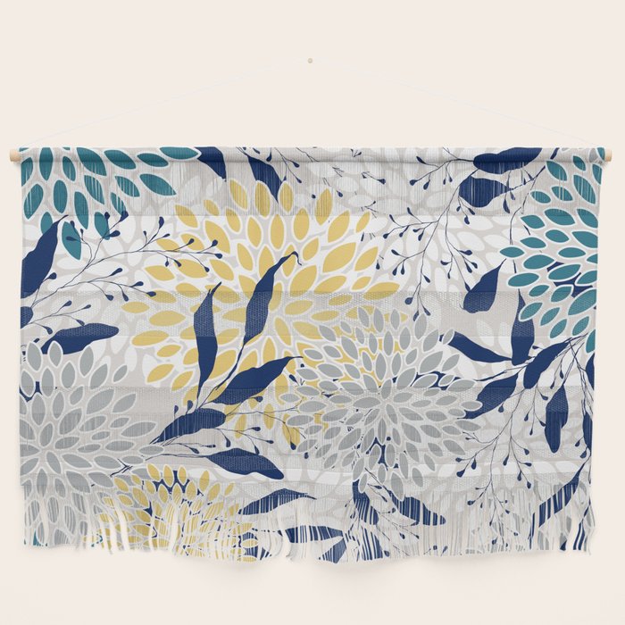 Floral Leaves and Blooms, Yellow, Gray, Teal, Navy Wall Hanging Gallery Image 1