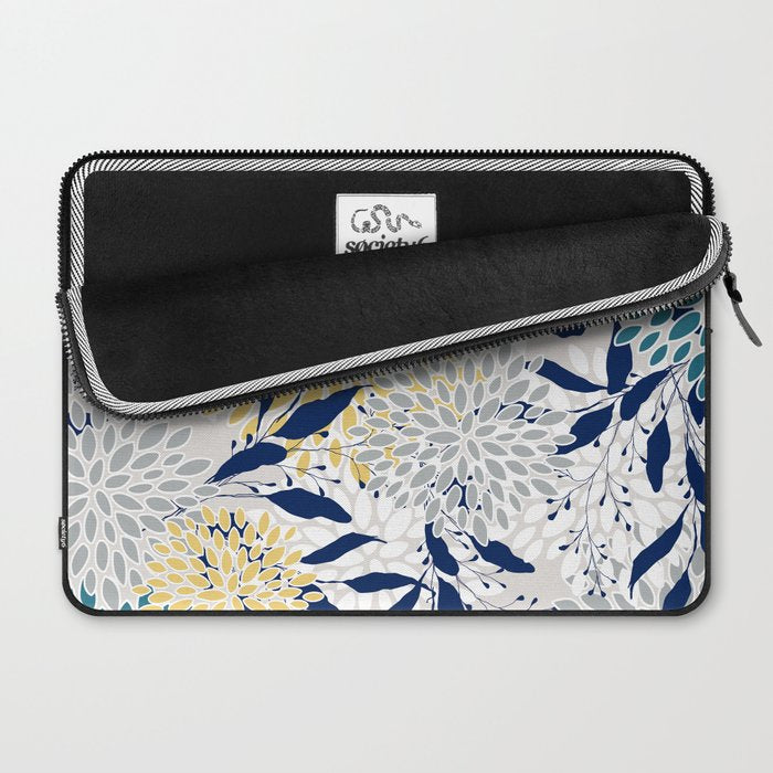 Floral Leaves and Blooms, Yellow, Gray, Teal, Navy Laptop Sleeve Gallery Image 2