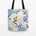 Floral Leaves and Blooms, Yellow, Gray, Teal, Navy Tote Bag Gallery Image 1