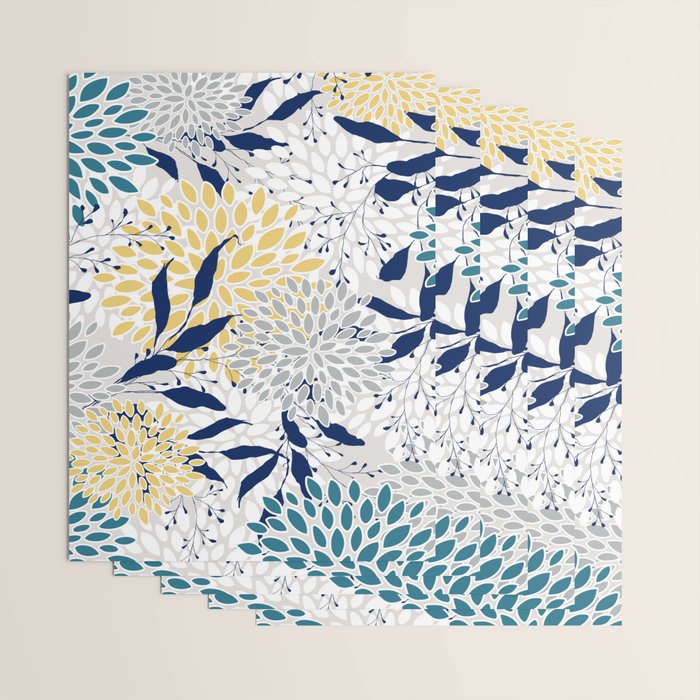 Floral Leaves and Blooms, Yellow, Gray, Teal, Navy Wrapping Paper Gallery Image 3