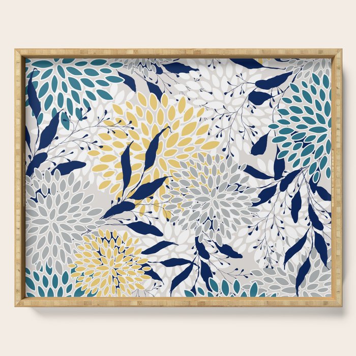 Floral Leaves and Blooms, Yellow, Gray, Teal, Navy Serving Tray Gallery Image 1