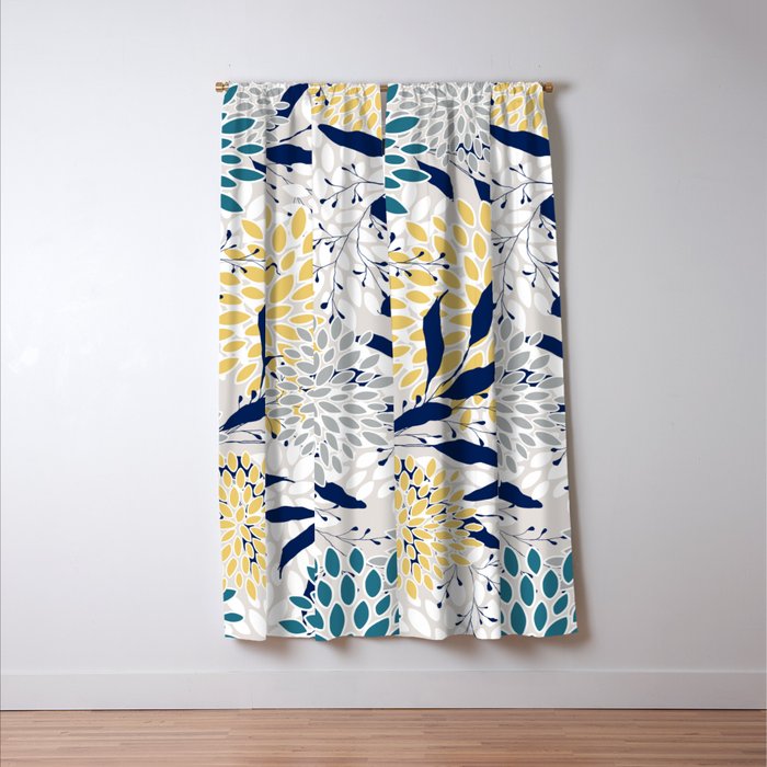 Floral Leaves and Blooms, Yellow, Gray, Teal, Navy Window Curtain Gallery Image 3