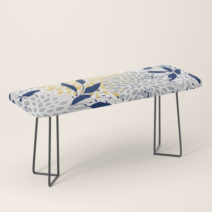 Floral Leaves and Blooms, Yellow, Gray, Teal, Navy Bench Gallery Image 1