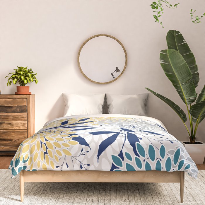 Floral Leaves and Blooms, Yellow, Gray, Teal, Navy Comforter Gallery Image 3