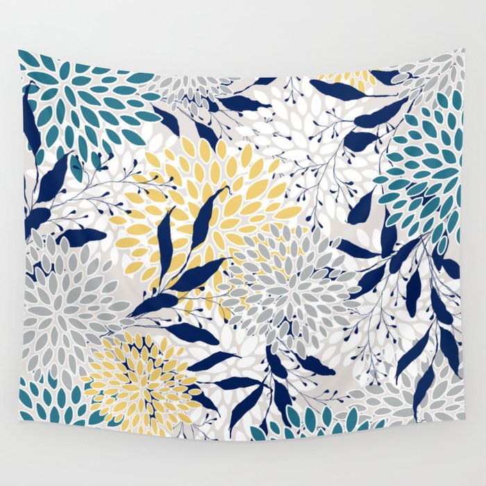 Floral Leaves and Blooms, Yellow, Gray, Teal, Navy Wall Tapestry Gallery Image 4
