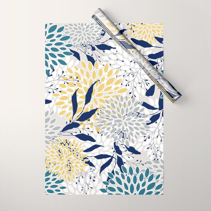 Floral Leaves and Blooms, Yellow, Gray, Teal, Navy Wrapping Paper Gallery Image 1