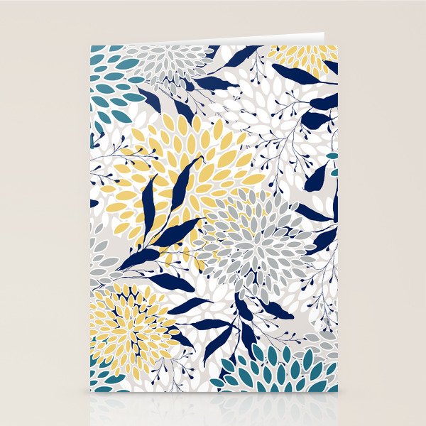 Floral Leaves and Blooms, Yellow, Gray, Teal, Navy Stationery Card Gallery Image 2