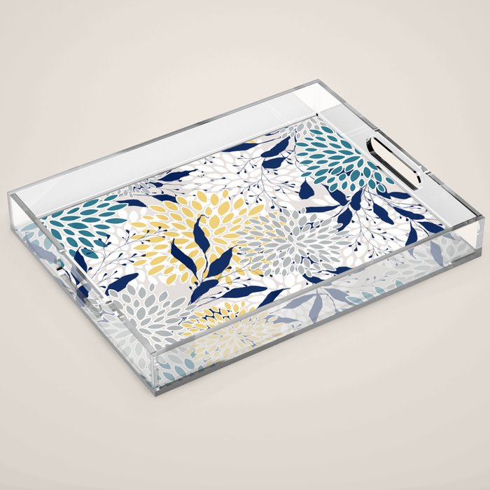 Floral Leaves and Blooms, Yellow, Gray, Teal, Navy Acrylic Tray Gallery Image 1
