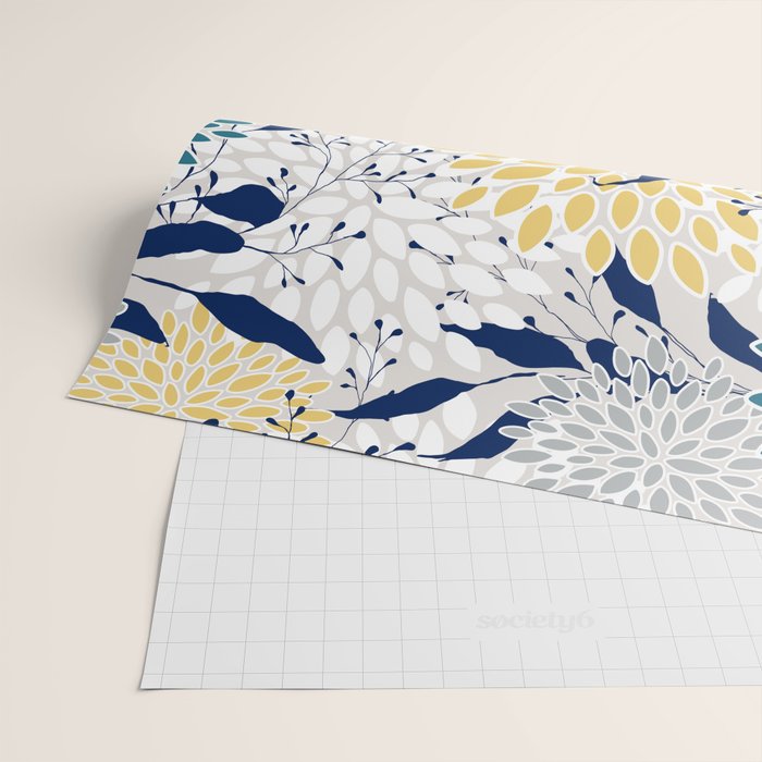 Floral Leaves and Blooms, Yellow, Gray, Teal, Navy Wrapping Paper Gallery Image 2