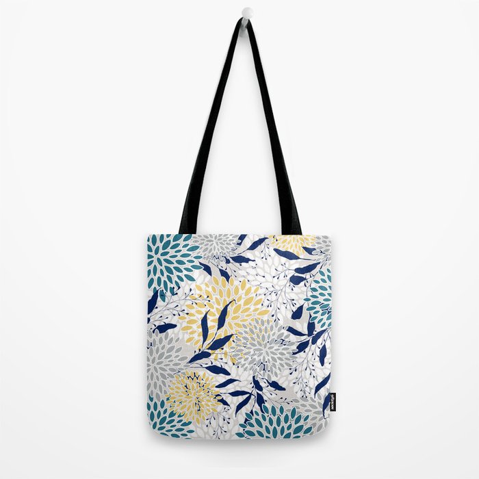 Floral Leaves and Blooms, Yellow, Gray, Teal, Navy Tote Bag Gallery Image 2