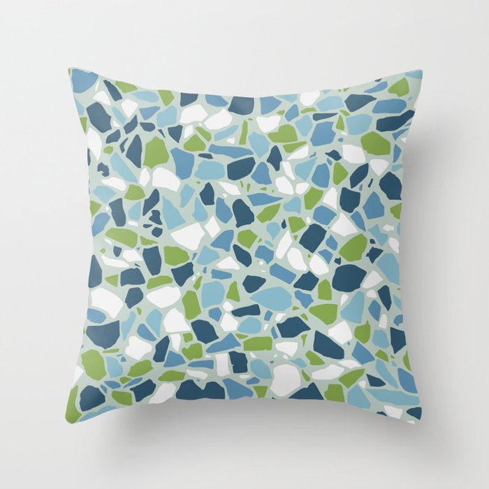 Terrazzo Mosaic Pattern, Teal Blue, Green, White Throw Pillow Gallery Image 1