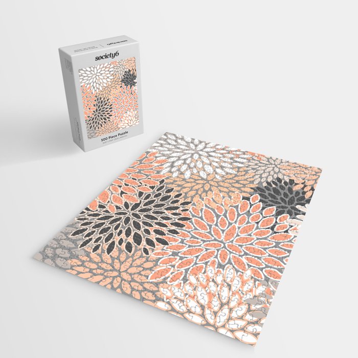 Modern, Flowers Print, Coral, Peach and Gray Jigsaw Puzzle Gallery Image 2