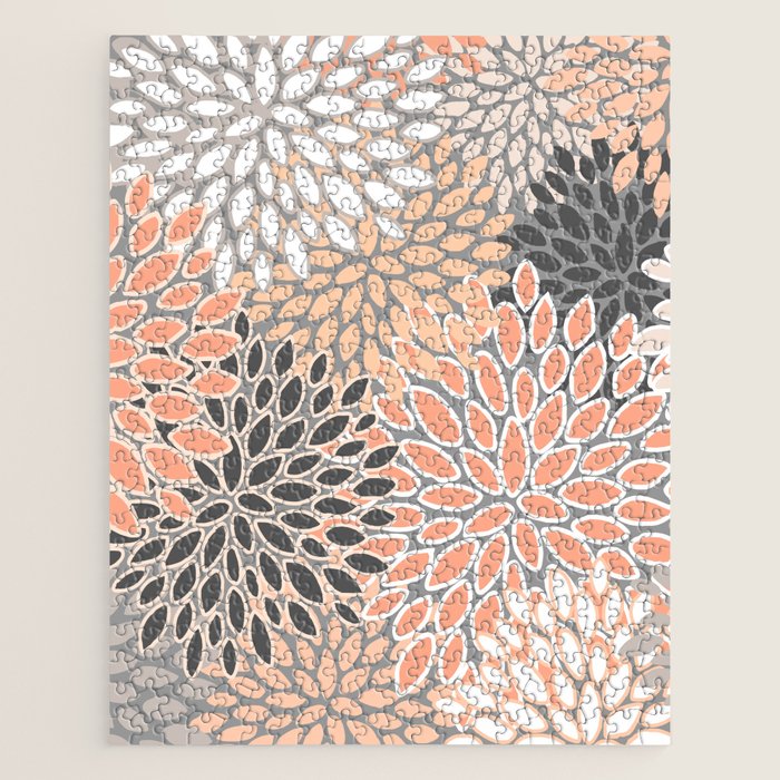 Modern, Flowers Print, Coral, Peach and Gray Jigsaw Puzzle Gallery Image 1