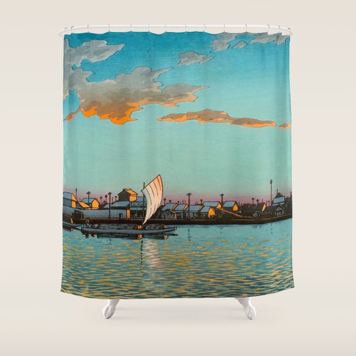 Hasui Hama-cho Riverbank Japanese Woodblock Print Shower Curtain Gallery Image 1