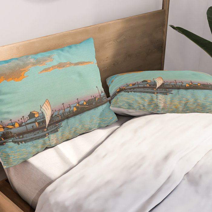 Hasui Hama-cho Riverbank Japanese Woodblock Print Pillow Sham Gallery Image 2