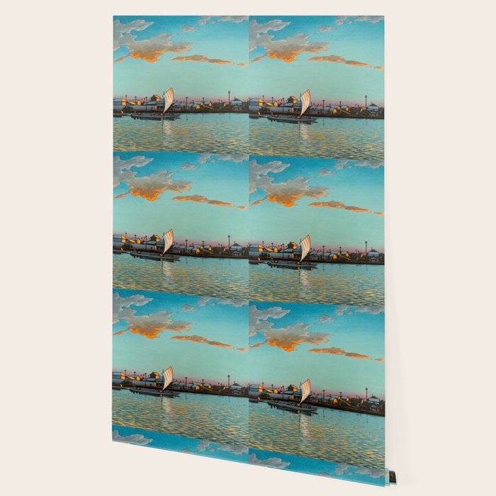 Hasui Hama-cho Riverbank Japanese Woodblock Print Wallpaper Gallery Image 2