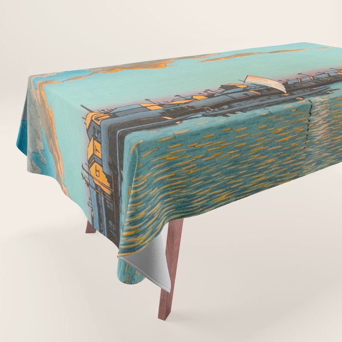 Hasui Hama-cho Riverbank Japanese Woodblock Print Tablecloth Gallery Image 1