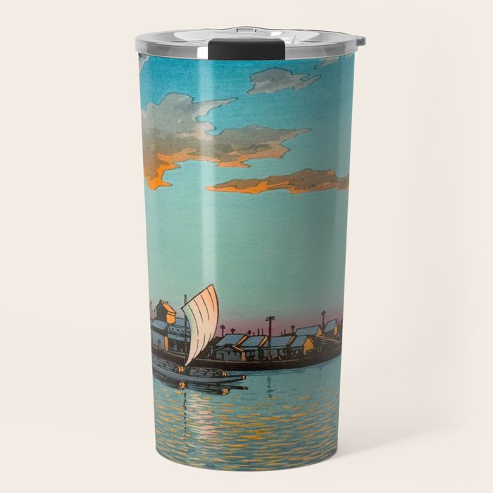 Hasui Hama-cho Riverbank Japanese Woodblock Print Travel Mug Gallery Image 1