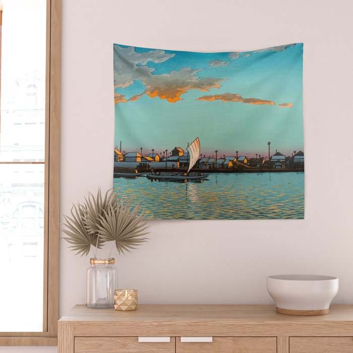 Hasui Hama-cho Riverbank Japanese Woodblock Print Wall Tapestry Gallery Image 2