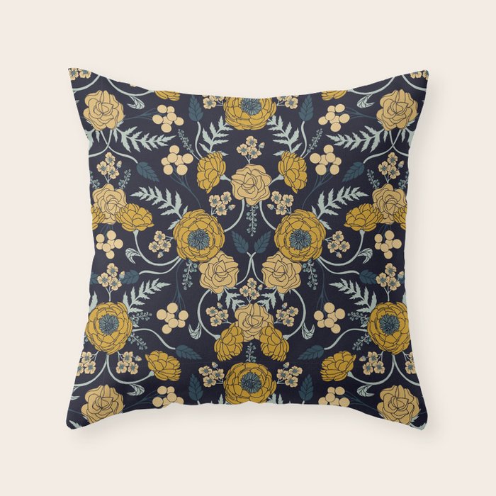 Navy Blue, Turquoise, Cream & Mustard Yellow Dark Floral Pattern Throw Pillow Gallery Image 6