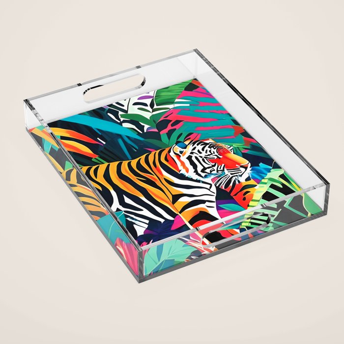 The Tigress, Fearless Wild Animal Tropical Jungle, Multicolor Cat Confidence Peaceful Calm Bohemian Eclectic Acrylic Tray Gallery Image 1