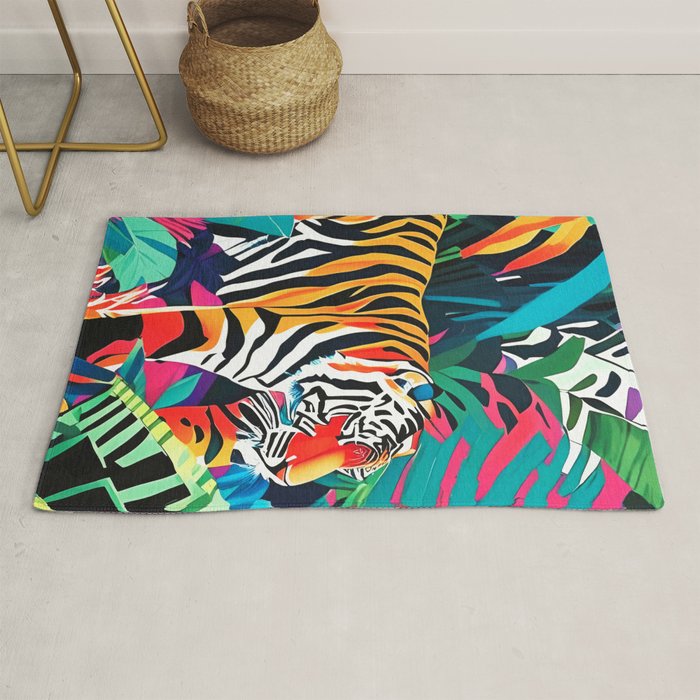 The Tigress, Fearless Wild Animal Tropical Jungle, Multicolor Cat Confidence Peaceful Calm Bohemian Eclectic Rug Gallery Image 1