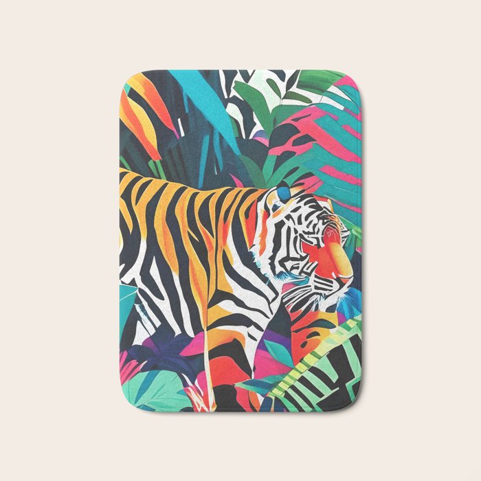 The Tigress, Fearless Wild Animal Tropical Jungle, Multicolor Cat Confidence Peaceful Calm Bohemian Eclectic Bath Mat Gallery Image 1