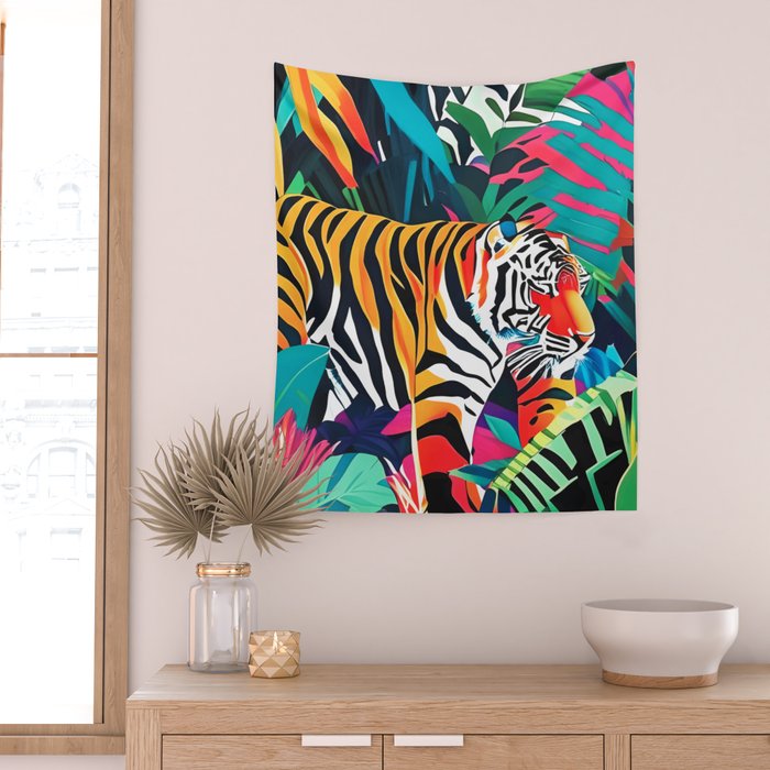 The Tigress, Fearless Wild Animal Tropical Jungle, Multicolor Cat Confidence Peaceful Calm Bohemian Eclectic Wall Tapestry Gallery Image 2