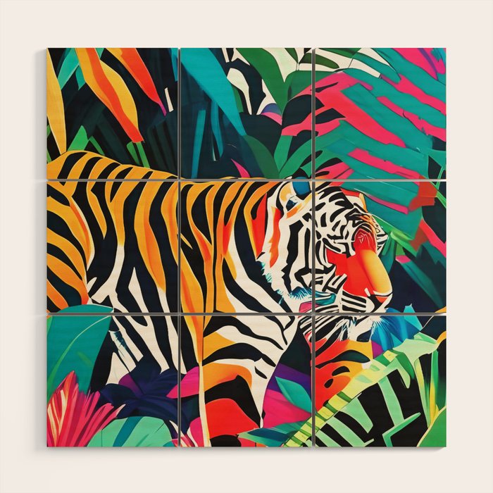 The Tigress, Fearless Wild Animal Tropical Jungle, Multicolor Cat Confidence Peaceful Calm Bohemian Eclectic Wood Wall Art Gallery Image 1
