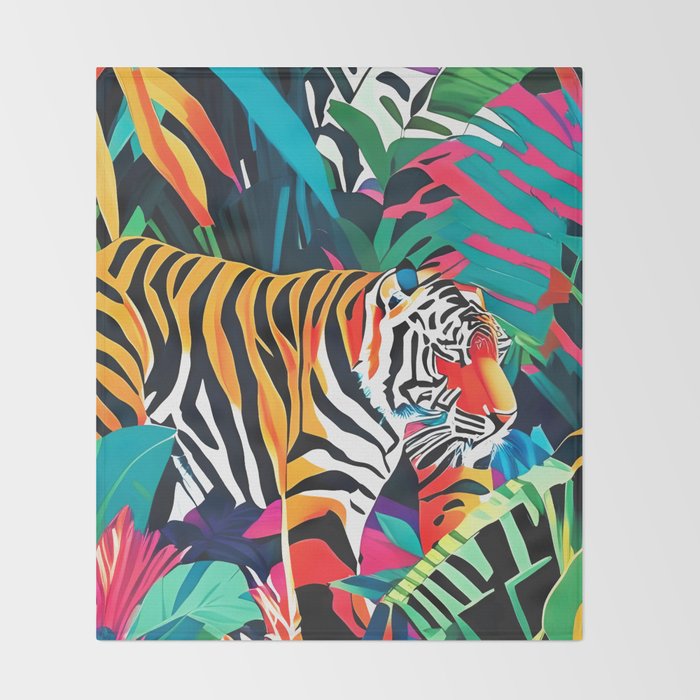 The Tigress, Fearless Wild Animal Tropical Jungle, Multicolor Cat Confidence Peaceful Calm Bohemian Eclectic Throw Blanket Gallery Image 2