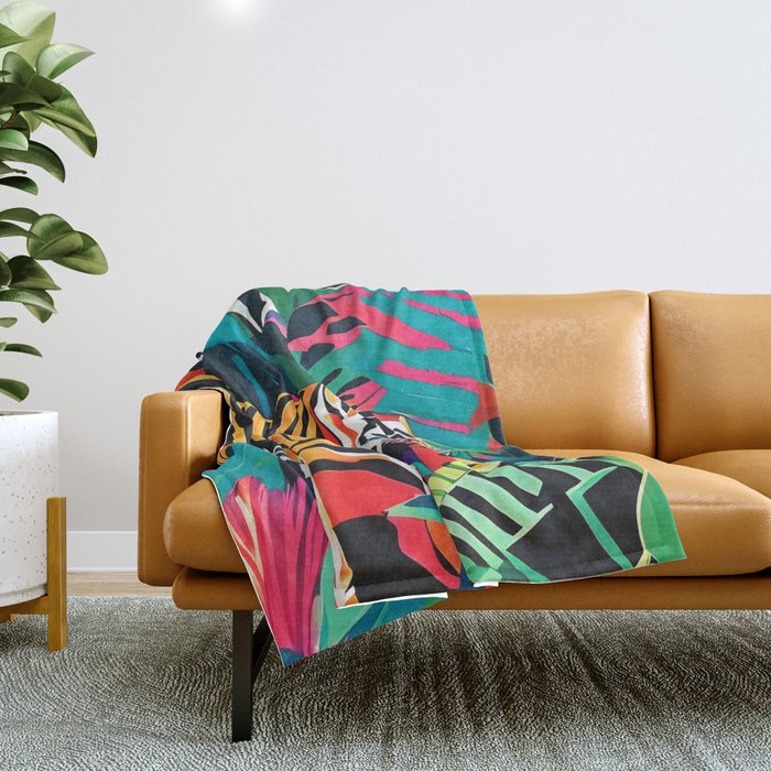 The Tigress, Fearless Wild Animal Tropical Jungle, Multicolor Cat Confidence Peaceful Calm Bohemian Eclectic Throw Blanket Gallery Image 1