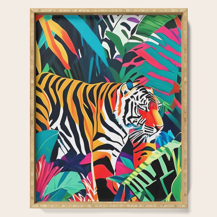 The Tigress, Fearless Wild Animal Tropical Jungle, Multicolor Cat Confidence Peaceful Calm Bohemian Eclectic Serving Tray Gallery Image 1