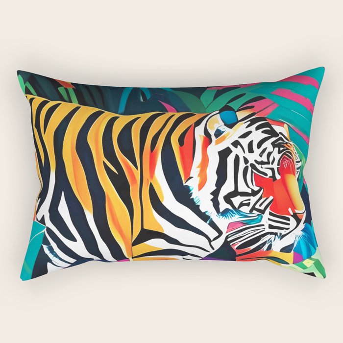 The Tigress, Fearless Wild Animal Tropical Jungle, Multicolor Cat Confidence Peaceful Calm Bohemian Eclectic Rectangular Pillow Gallery Image 2