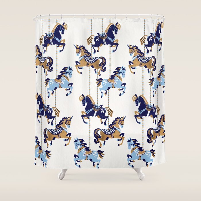 Carousel Horses - Copper & Blue Shower Curtain Gallery Image 1