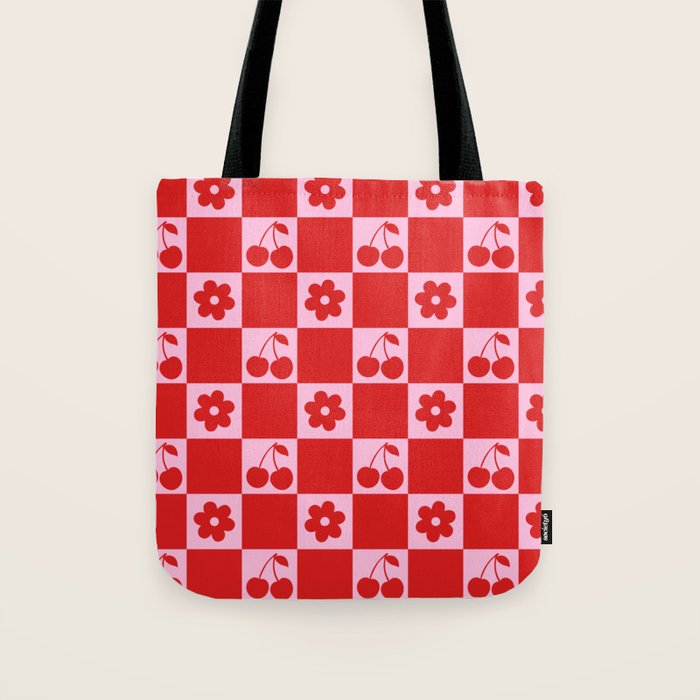 Cherry Flowers Pink & Red Checker Tote Bag Gallery Image 1
