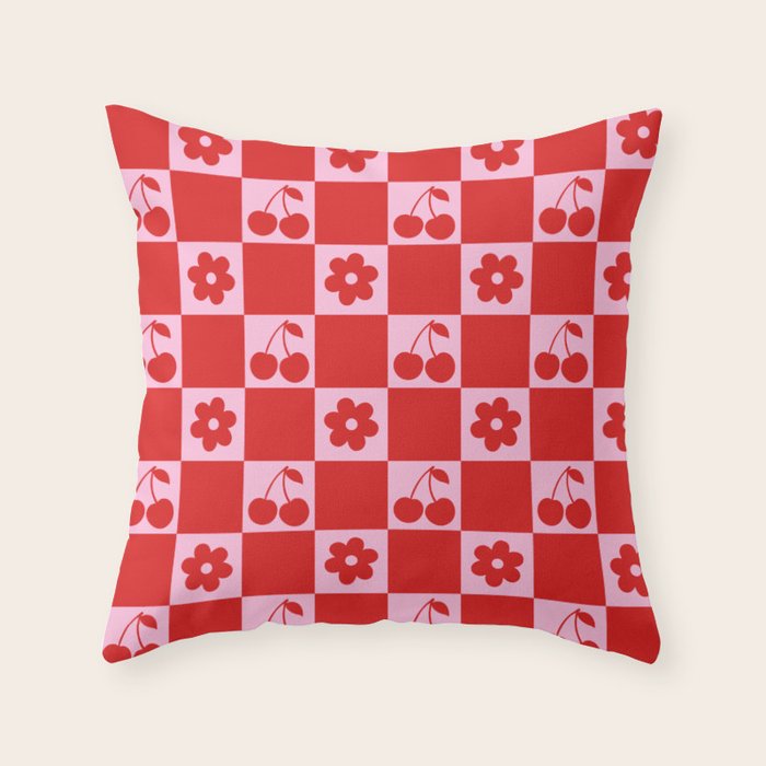 Cherry Flowers Pink & Red Checker Throw Pillow Gallery Image 1