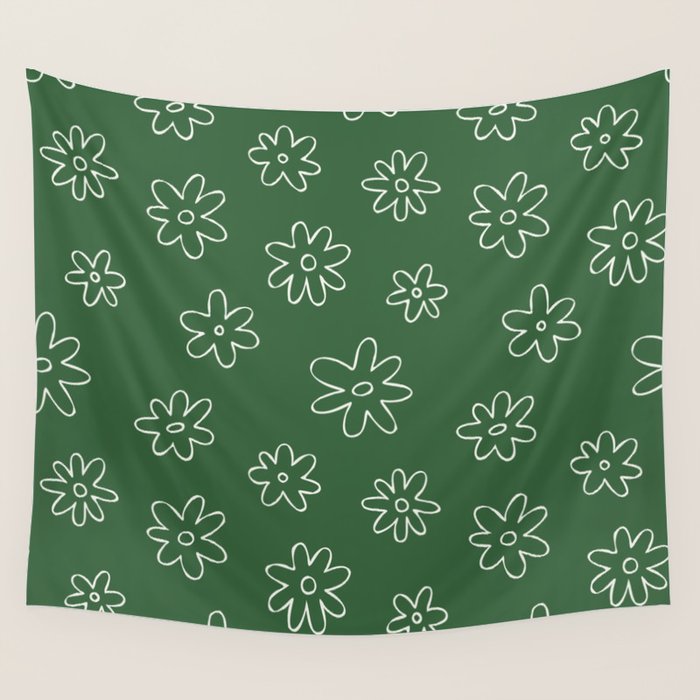 Green garden flower doodle art pattern Wall Tapestry Gallery Image 1