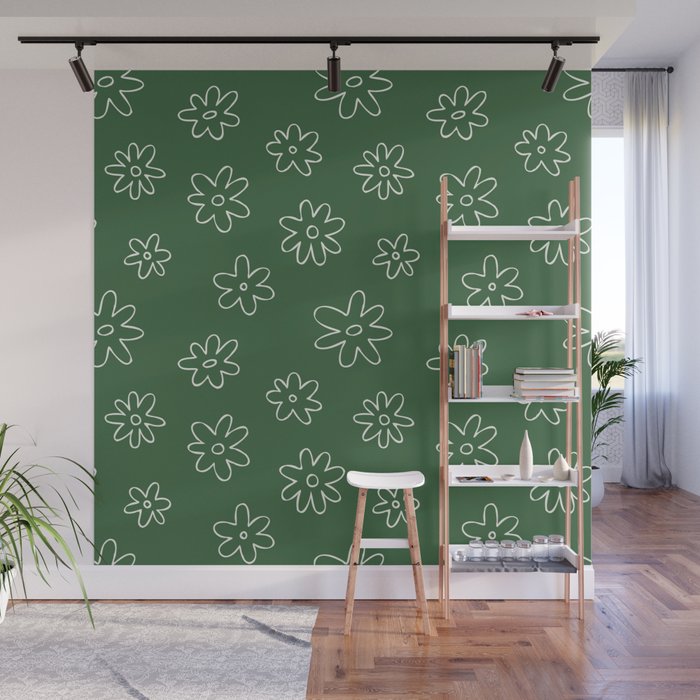 Green garden flower doodle art pattern Wall Mural Gallery Image 1