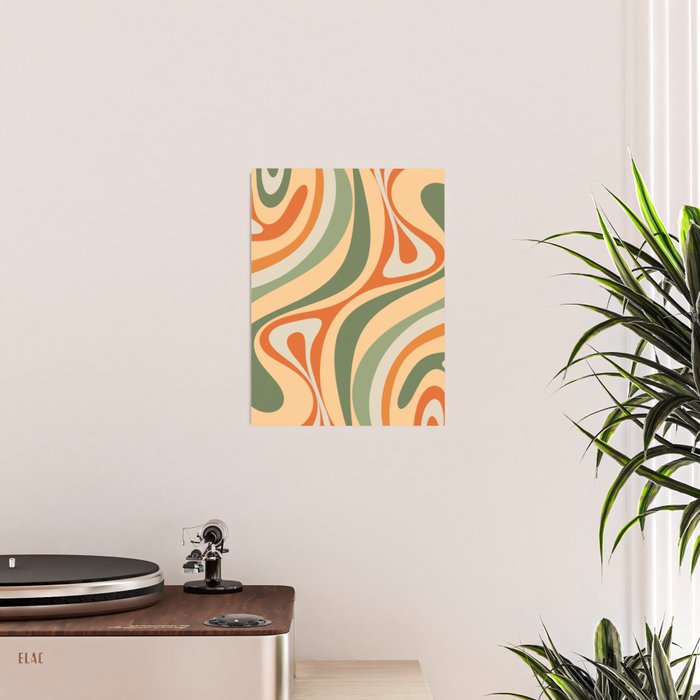 Retro Abstract New Groove Swirl Pattern in Mossy Sage Olive Green Apricot Orange Poster Gallery Image 2