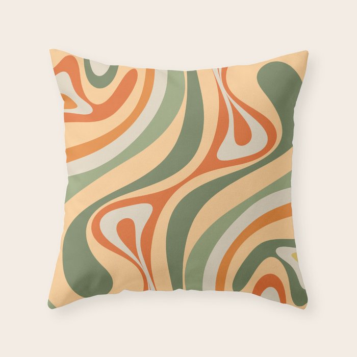Retro Abstract New Groove Swirl Pattern in Mossy Sage Olive Green Apricot Orange Throw Pillow Gallery Image 6