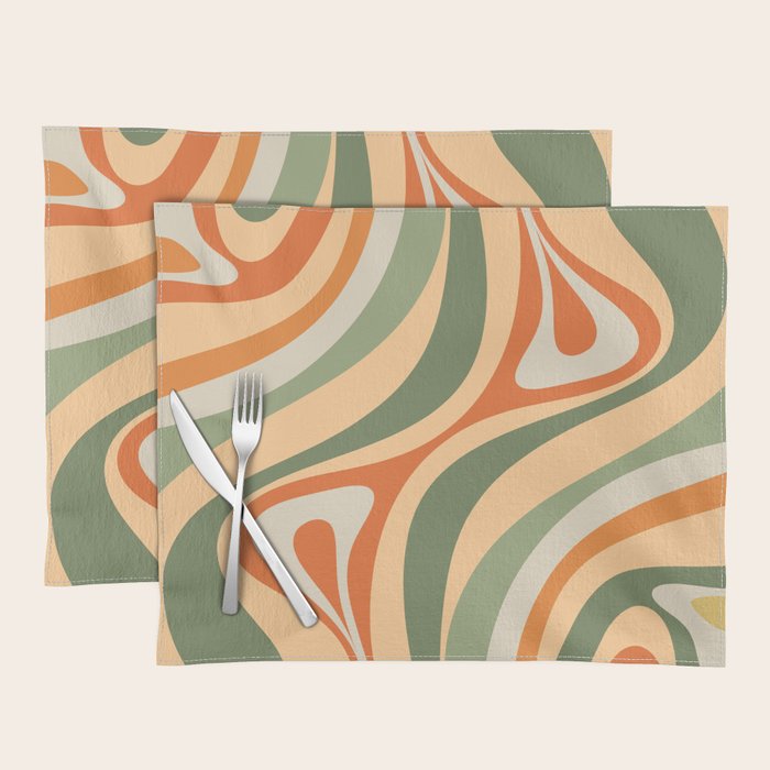 Retro Abstract New Groove Swirl Pattern in Mossy Sage Olive Green Apricot Orange Placemat Gallery Image 1