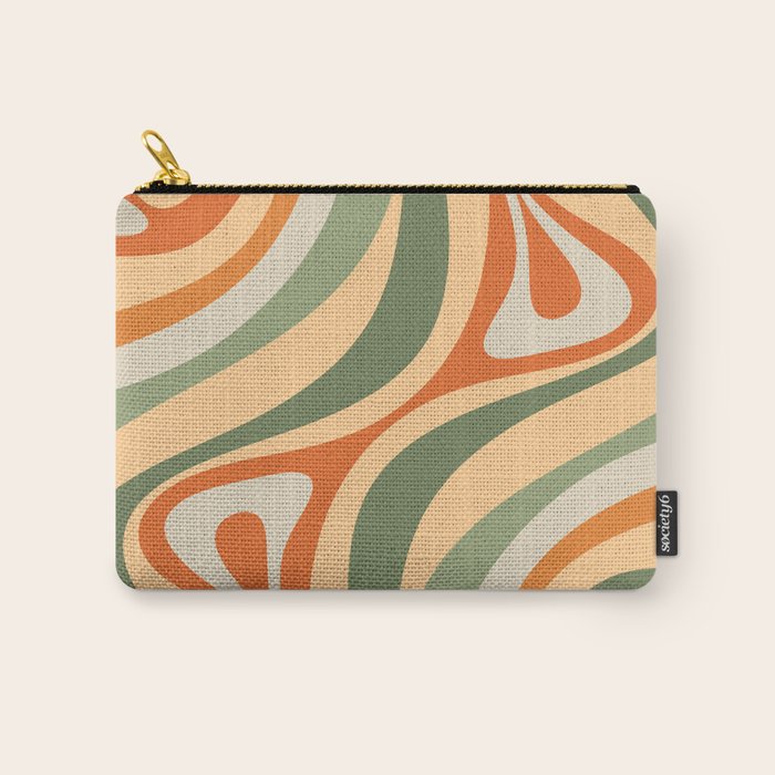 Retro Abstract New Groove Swirl Pattern in Mossy Sage Olive Green Apricot Orange Carry All Pouch Gallery Image 1