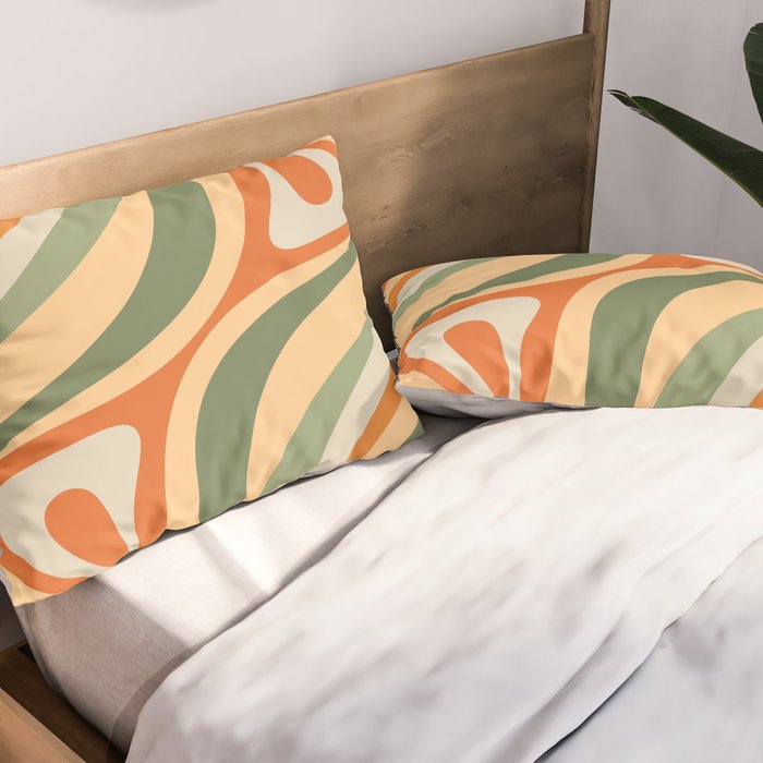 Retro Abstract New Groove Swirl Pattern in Mossy Sage Olive Green Apricot Orange Pillow Sham Gallery Image 2