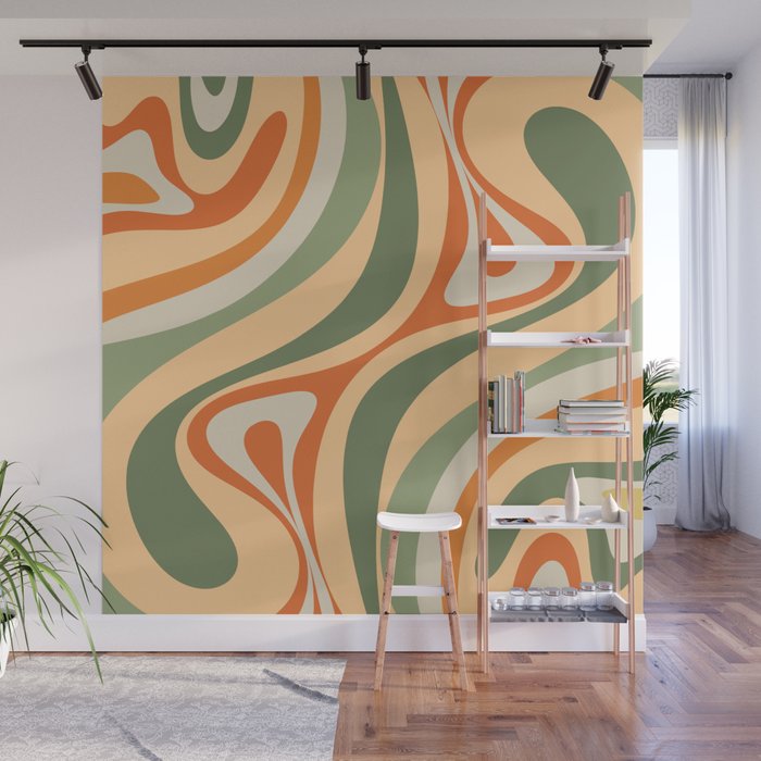 Retro Abstract New Groove Swirl Pattern in Mossy Sage Olive Green Apricot Orange Wall Mural Gallery Image 1
