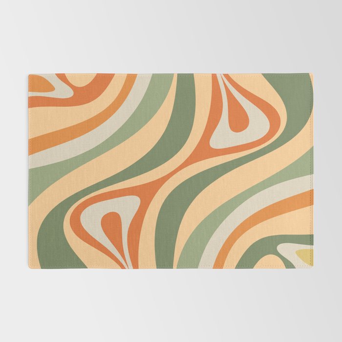 Retro Abstract New Groove Swirl Pattern in Mossy Sage Olive Green Apricot Orange Rug Gallery Image 2