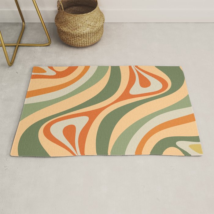 Retro Abstract New Groove Swirl Pattern in Mossy Sage Olive Green Apricot Orange Rug Gallery Image 1